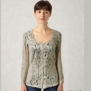 Beige Lace Sheer Button Down Shirt Size Medium